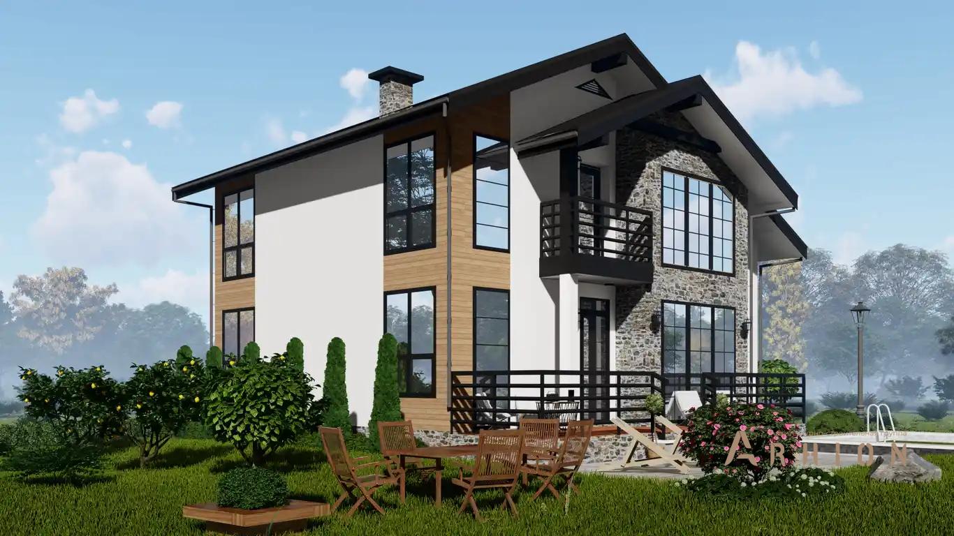 6. Проект одноэтажного дома в современном стиле с двускатной кровлей, h-1611, площадью - 195 кв c мансардой, терассой, балконом, бассейном